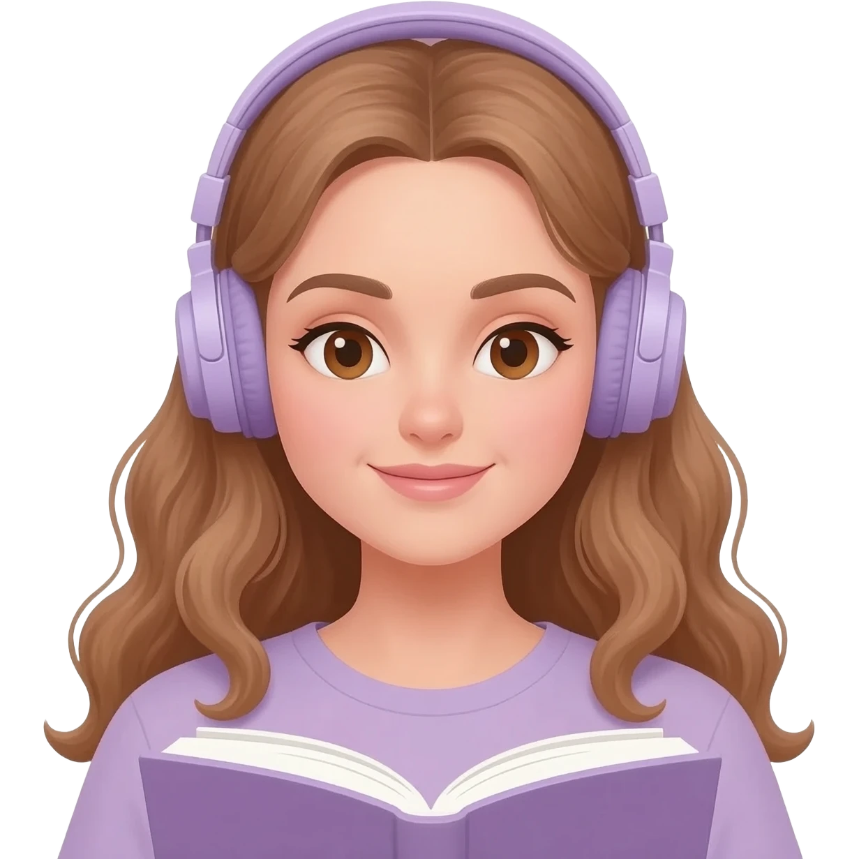 a woman with long light brown wavy hair and light brown eyes reading a book, wearing pastel purple headphones emoji