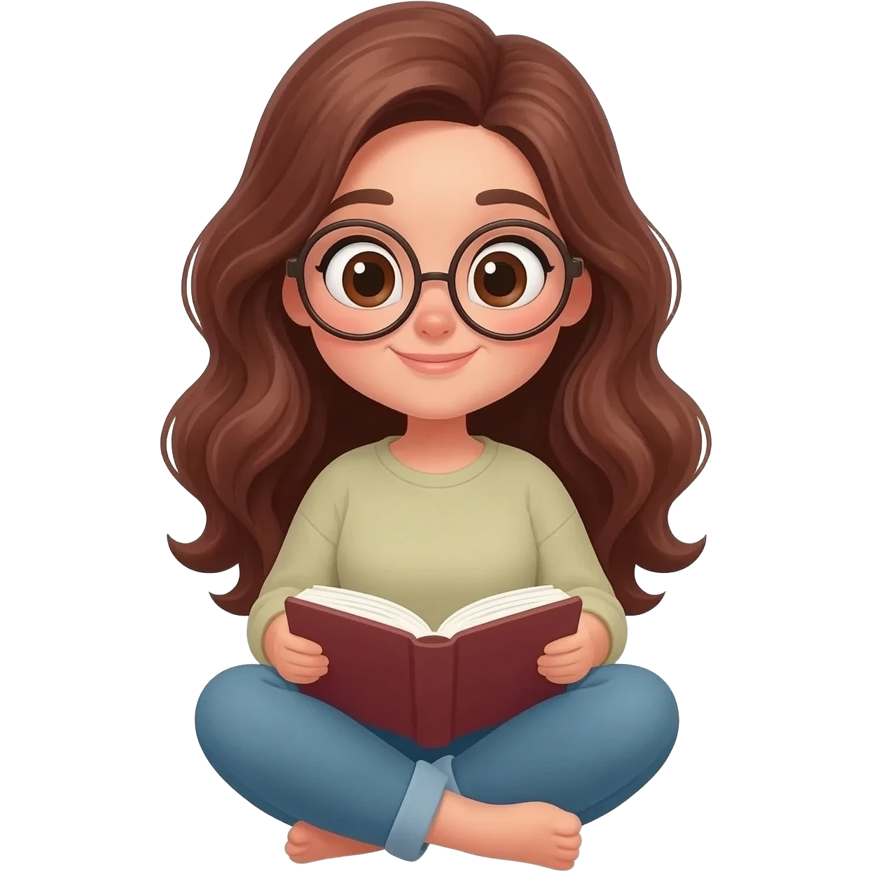 detailed emoji illustration of a curvy woman with long chestnut brown wavy hair, big light brown eyes and round glasses, sitting cross-legged and reading a book, cute emoji style emoji