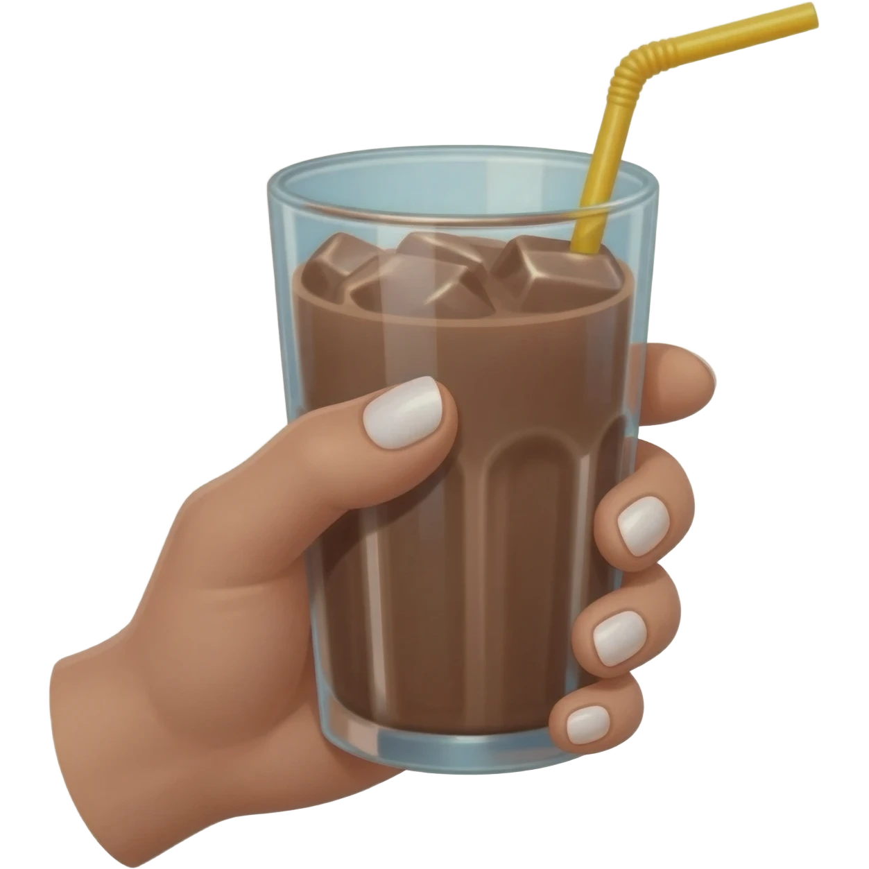 chocolat froid dans un grand verre avec une paille tenue par le bout d'une jolie main de femme avec une belle manucure Style Pinterest réaliste Avec une bordure b blanche emoji