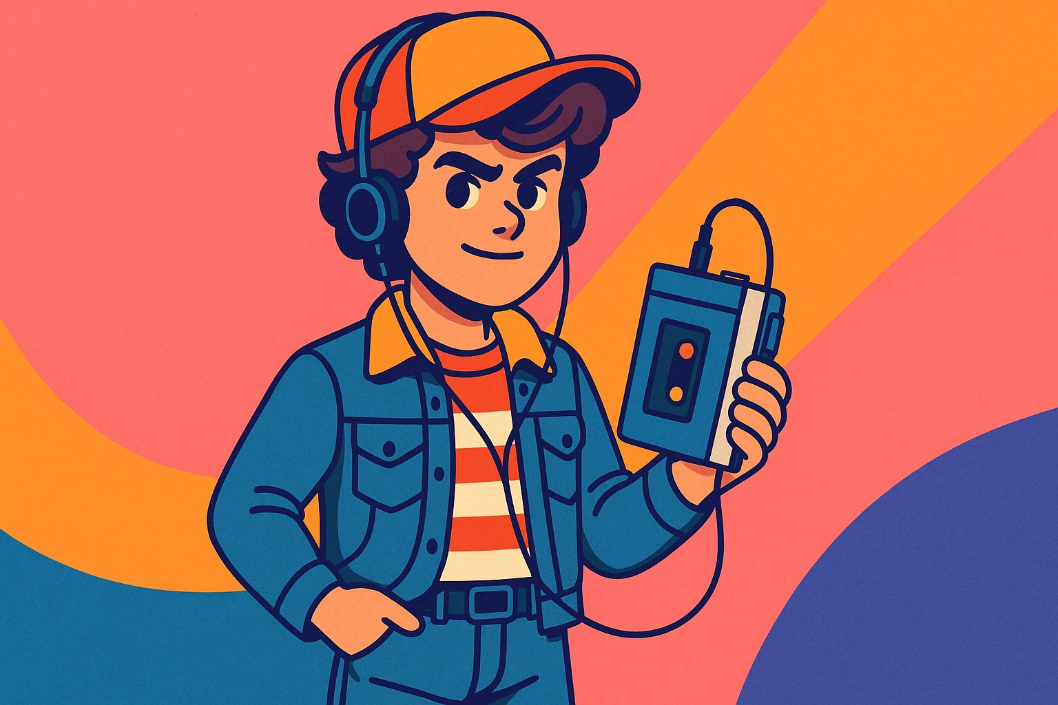 Stranger Things inspired character, 1980s kid holding a portable cassette tape player (walkman), vibrant toon style, wide aspect ratio 16:9 emoji