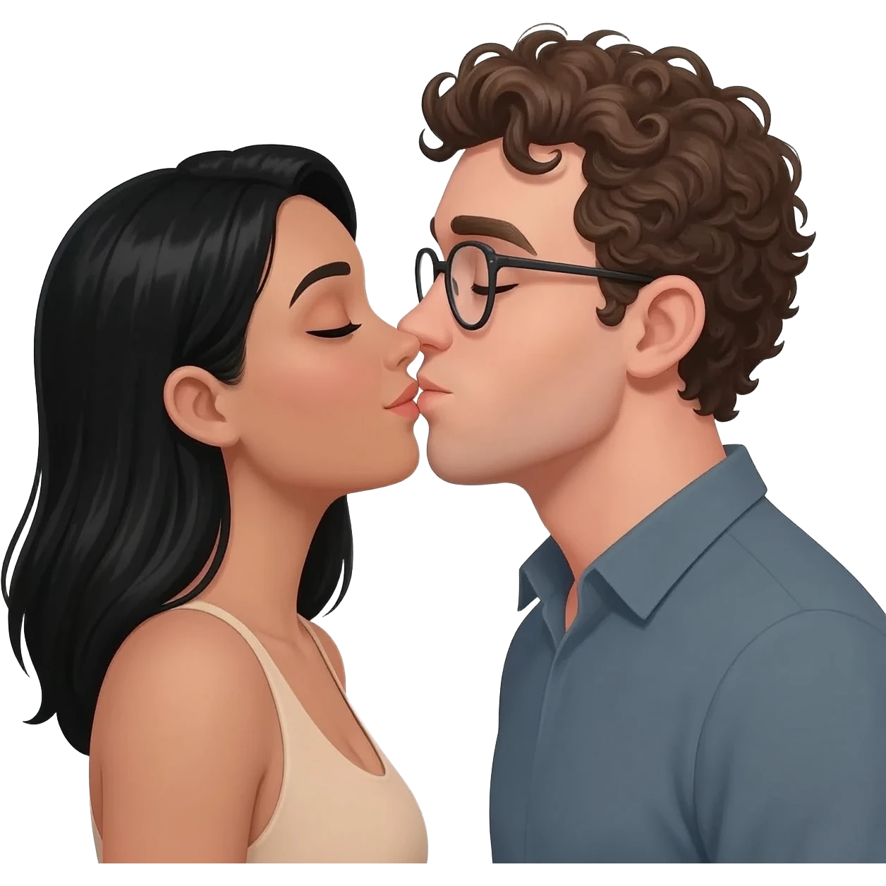Light tan woman with black hair and man with curly dark blonde hair with glasses kissing each other emoji