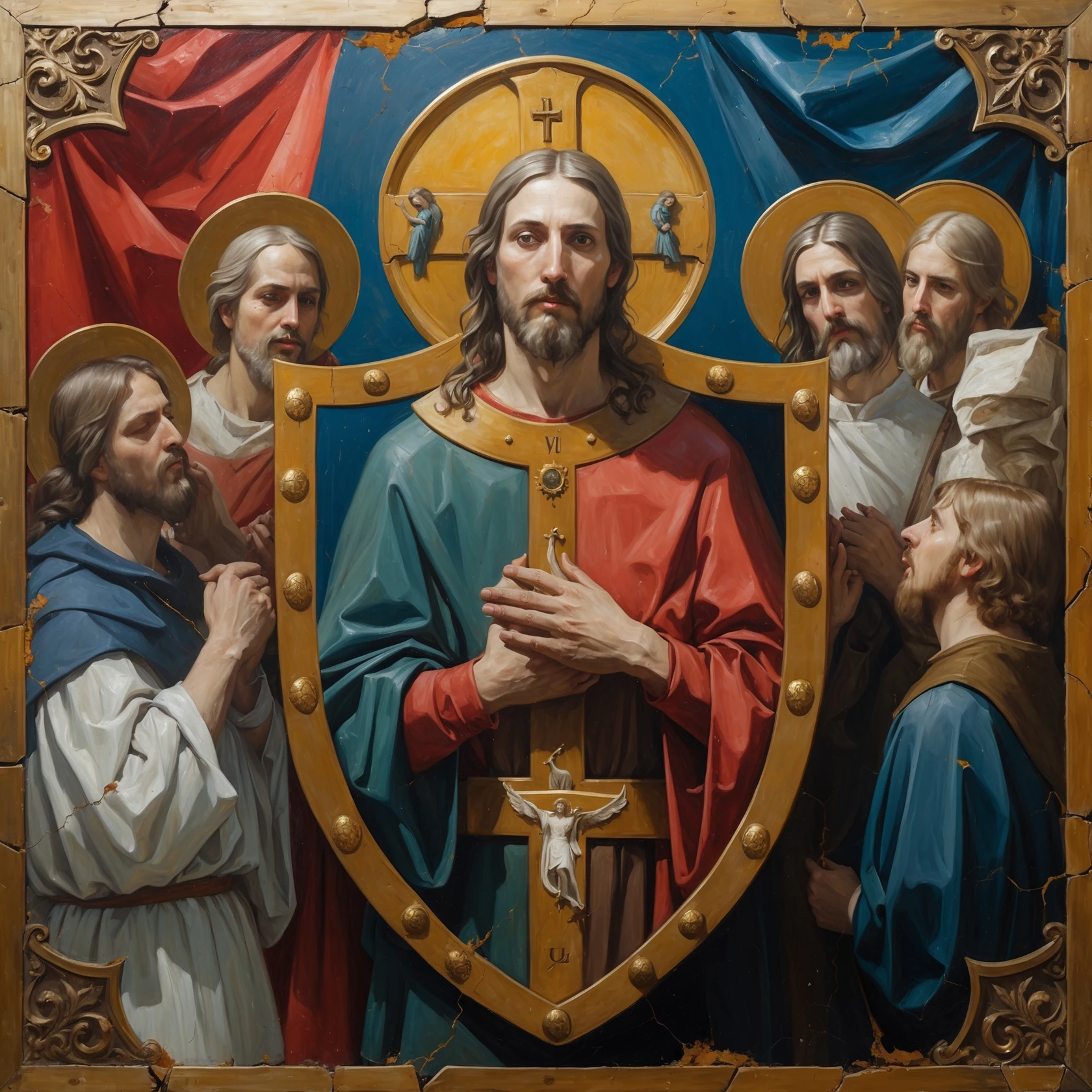 (img2img: strenght:=0.1) <ReferenceOnly-V3> inpaint religious theme onto the shield oil painting style flat image oil cracks countour
medieval shield art
 emoji