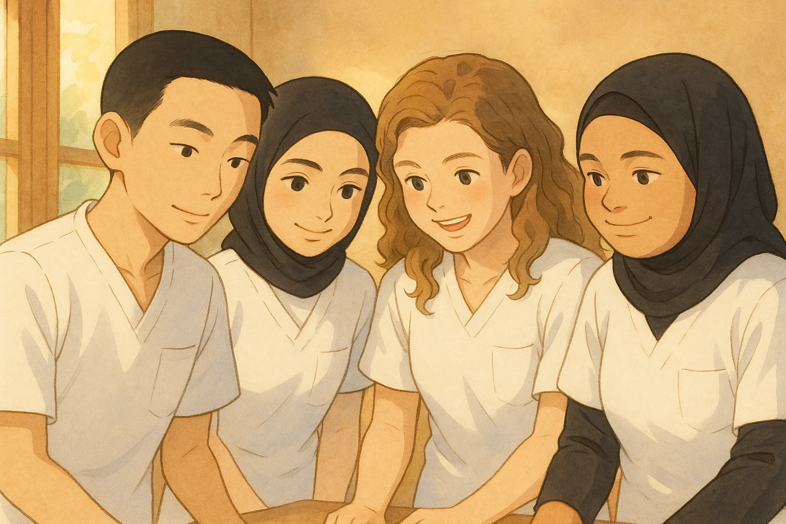 Four nursing students collaborating together in a warm and collaborative atmosphere, wearing white short-sleeve medical tunic-style tops with V-neck, no collar stand, no stethoscopes, no fabric extending from sleeves, no buttons, and a left chest pocket. Represent all four students together with a soft Ghibli-inspired background. emoji