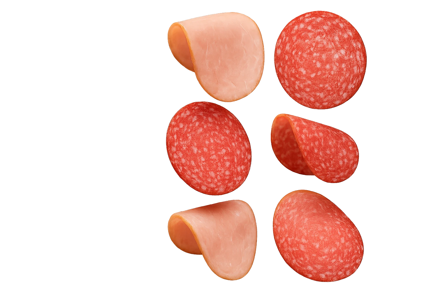 fettine di prosciutto cotto e di salame fluttuano in aria verticalmente, IPERREALISTICA 4K emoji