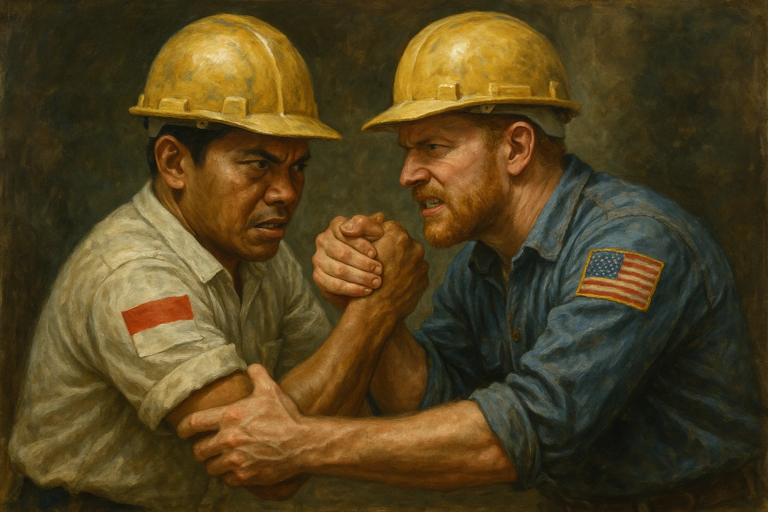 Сгенерируй мне в стиле реалистичной живописи как два человека борются между собой. Они одеты как инженеры, в каске. Один индонезийской внешности, и на плече у него флаг индонезии. Второй американец со светлой кожей и на плече флаг США emoji