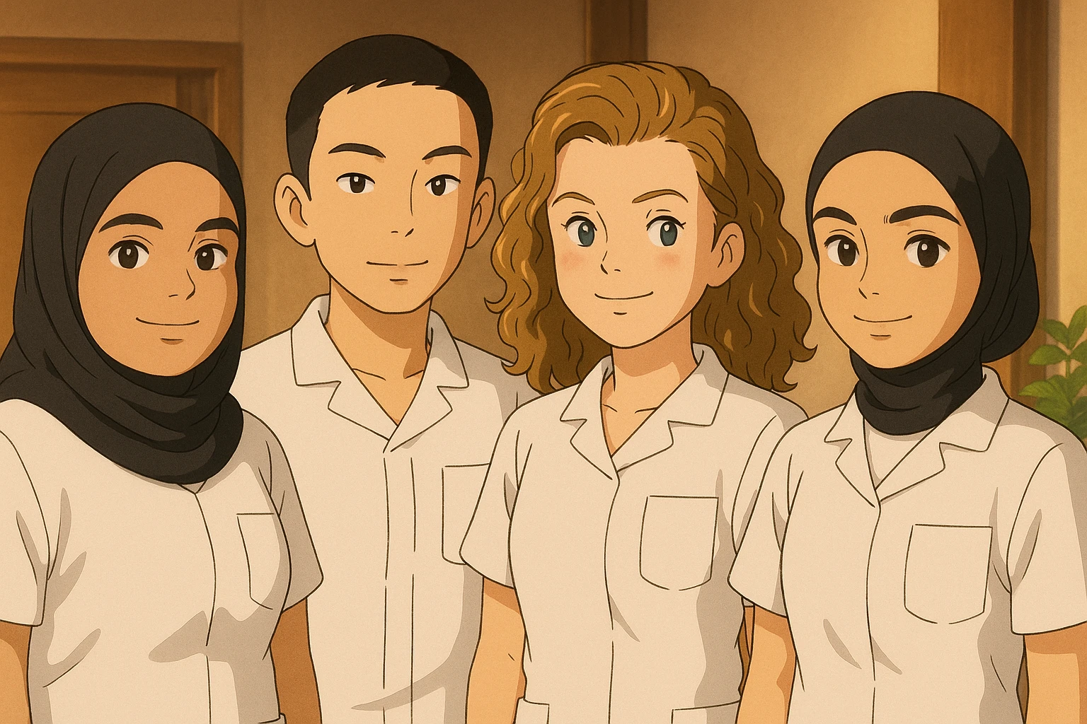 Four nursing students standing side by side, resembling the four people in the reference photos, in Ghibli style. They wear white medical uniforms with short sleeves, no collar, no undershirt, and no stethoscope. The tops are medical tunics with V-neck collars and a left chest pocket. Warm indoor ambiance. emoji
