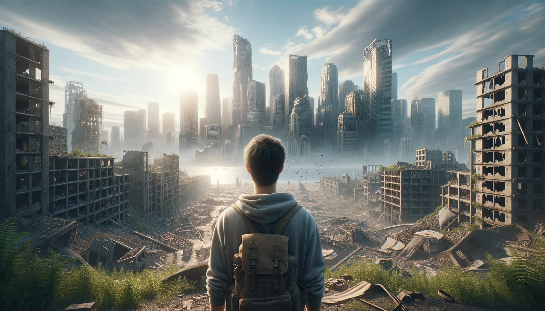 UOMO DI SPALLE DAVANTI AD UNA CITTà SMANTELLATA SENZA MURA, GUARDA LA CITTà, IPERREALISTICO 4K emoji