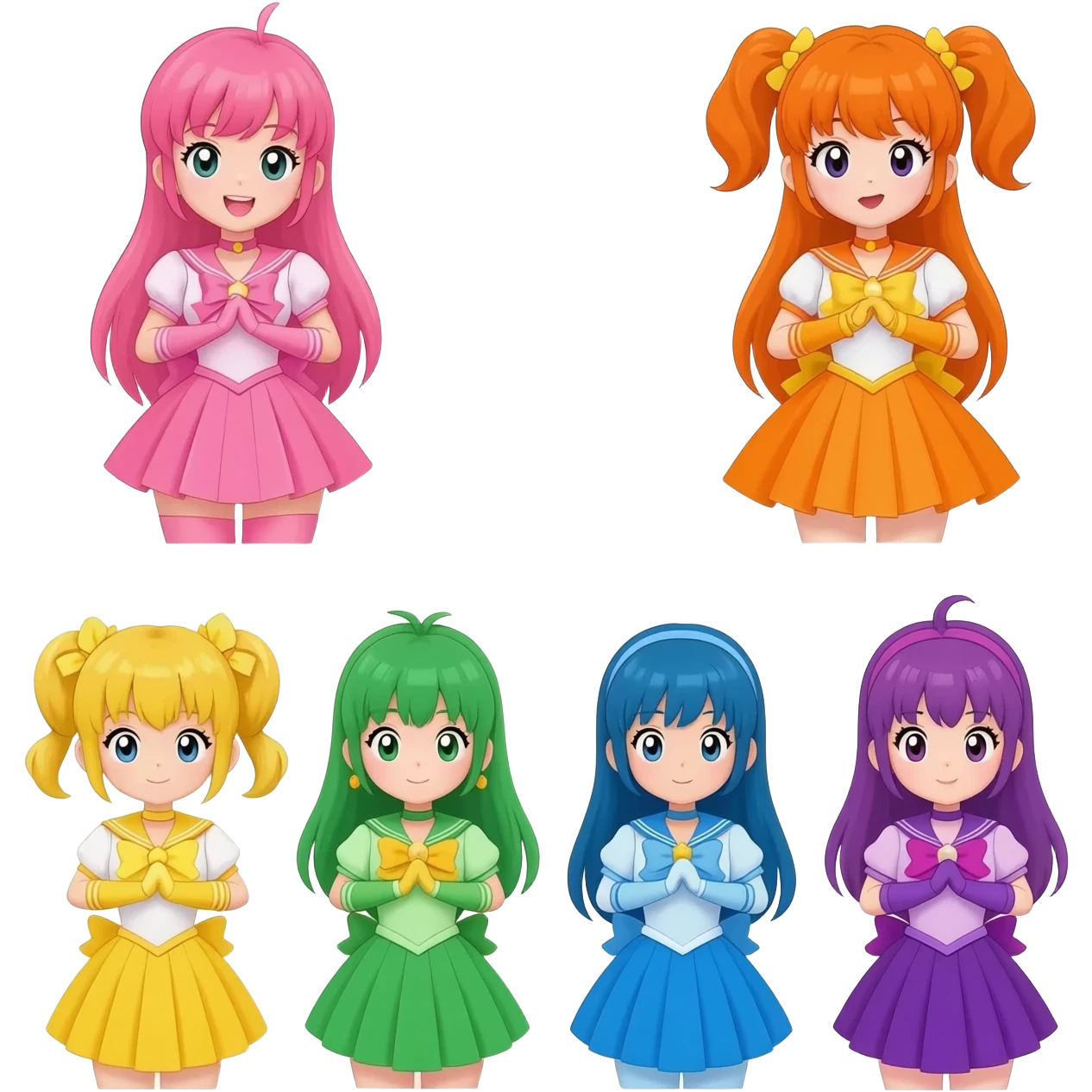 Pink tokusatsu heroine magical girl, Orange tokusatsu heroine magical girl, yellow tokusatsu heroine magical girl, green tokusatsu heroine magical girl, blue tokusatsu heroine magical girl, and purple tokusatsu heroine magical girl, (emoji style) emoji