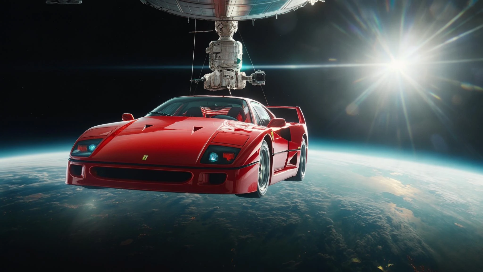 Cinematic still of a ferrari f40 floating in space, shot by space camera connect to spaceship, sun flare, big earth in background, captured by gopro emoji