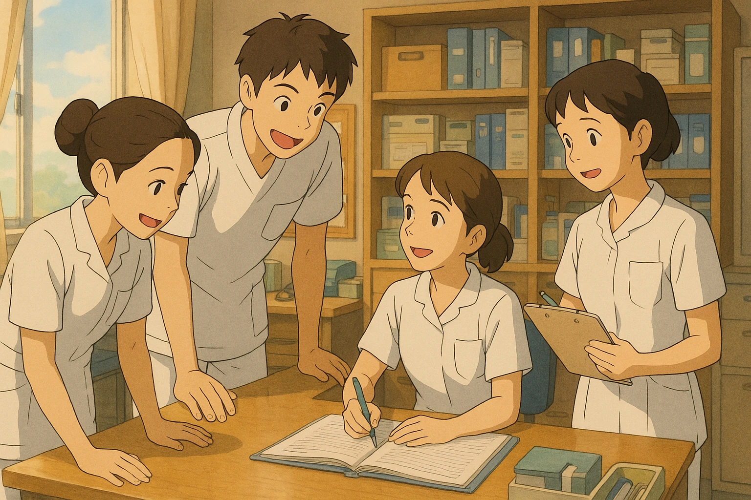 Four nursing students inspired by reference photos, collaborating and interacting warmly in a care station, Ghibli style. White short-sleeve uniforms, medical tunics with V-neck, left chest pocket, no collar stand, no stethoscopes, no fabric under sleeves. Dynamic scene, soft lighting, care station decor. emoji