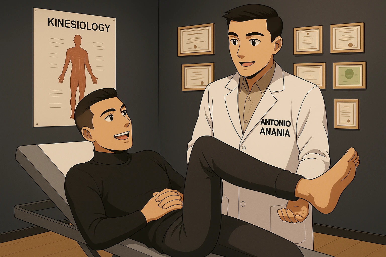 su questo lettino rappresenta un webtoon manga a colori con questo stile, in cui un uomo è steso sul lettino medico e il kinesiologo con il camice bianco (fagli anche la scritta "ANTONIO ANANIA" SUL CAMICE, gli solleva una gamba per fargli il test neuromuscolare, IL KINESIOLOGO SPIEGA ALL'UOMO UNA cosa mentre gli alza la gamba. l'espressione dell'uomo è felice e soddisfatta, non fare i fumetti però, fai solo in modo che sembri stiano parlando emoji