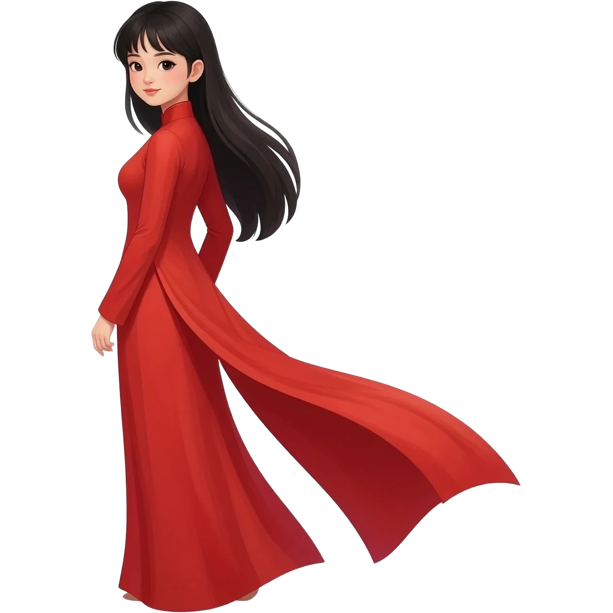 cô gái việt nam, tóc đen rẻ ngôi dài ngang lưng, mặc áo dài đỏ, phong cách hoạt hình emoji