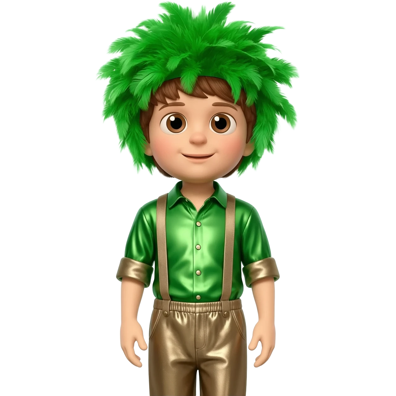 Dominic Field aka The Tree of Wisdom from The Wiggles with brown eyes, brown hair, green feather wig, green metallic shirt, taupe metallic baggy pants emoji