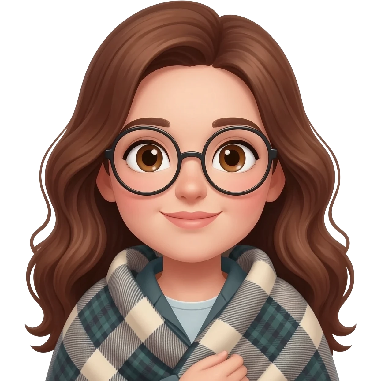 detailed emoji illustration of a curvy woman with long chestnut brown wavy hair, big light brown eyes and round glasses, wrapped in a cozy plaid blanket with Scottish tartan pattern, calm peaceful expression, cute emoji style emoji