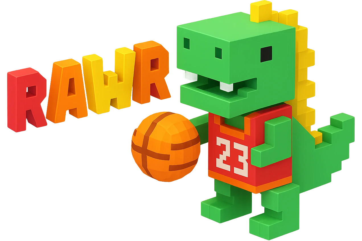 надпись "RAWR" и динозавр с баскетбольном мячом в майке с надписью "23", no background emoji