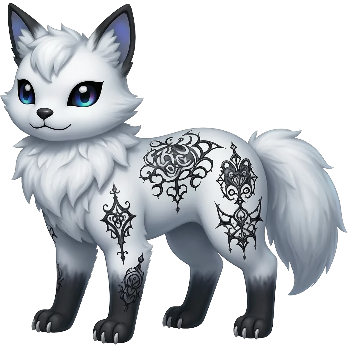 Rare neon iridescent white exotic cute epic aesthetic gothic colorful Salandit-Eevee-Civet-species-Fakemon-hybrid-creature, with intricate tattoo markings, full body emoji