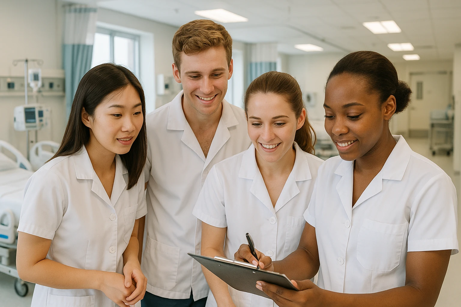 four nursing students working together, wearing short-sleeved white lab coats, no undershirts or stethoscopes, hospital background emoji