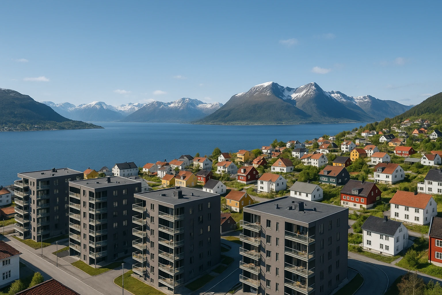 A coastal town in norway, apartment blocks emoji
