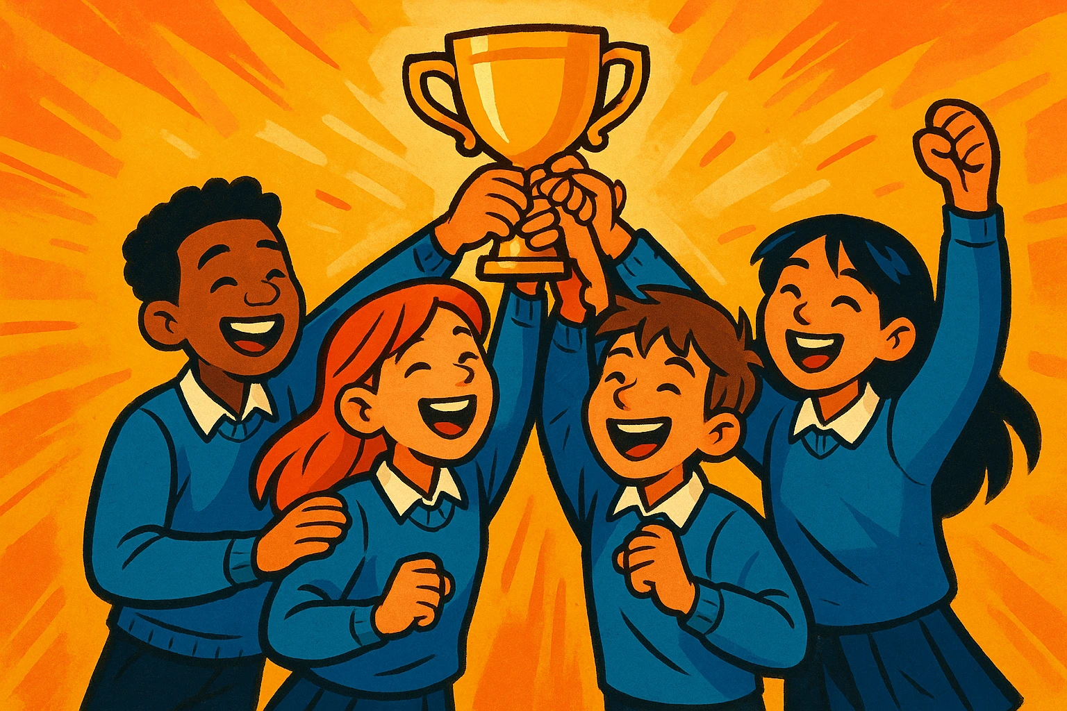 quatre étudiants soulèvent un trophée, ambiance chaleureuse, style illustration expressive, vibrant colors, dynamic brush strokes emoji