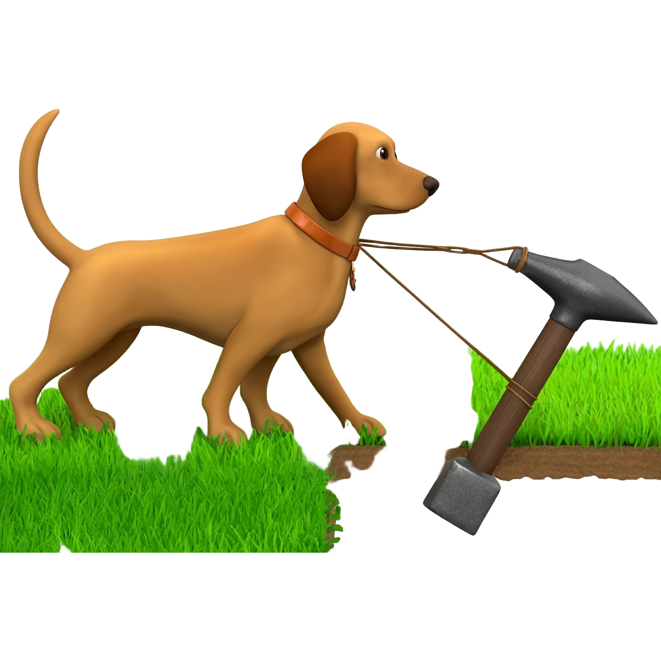 Pack hound standing on green grass pulling an anvil with  an electric shaver under anvil  show the green grass behind the anvil lower cut grass path behind anvil.showing a shaven  path along green grass by leads or chains. Show the shaver cutting the grass emoji