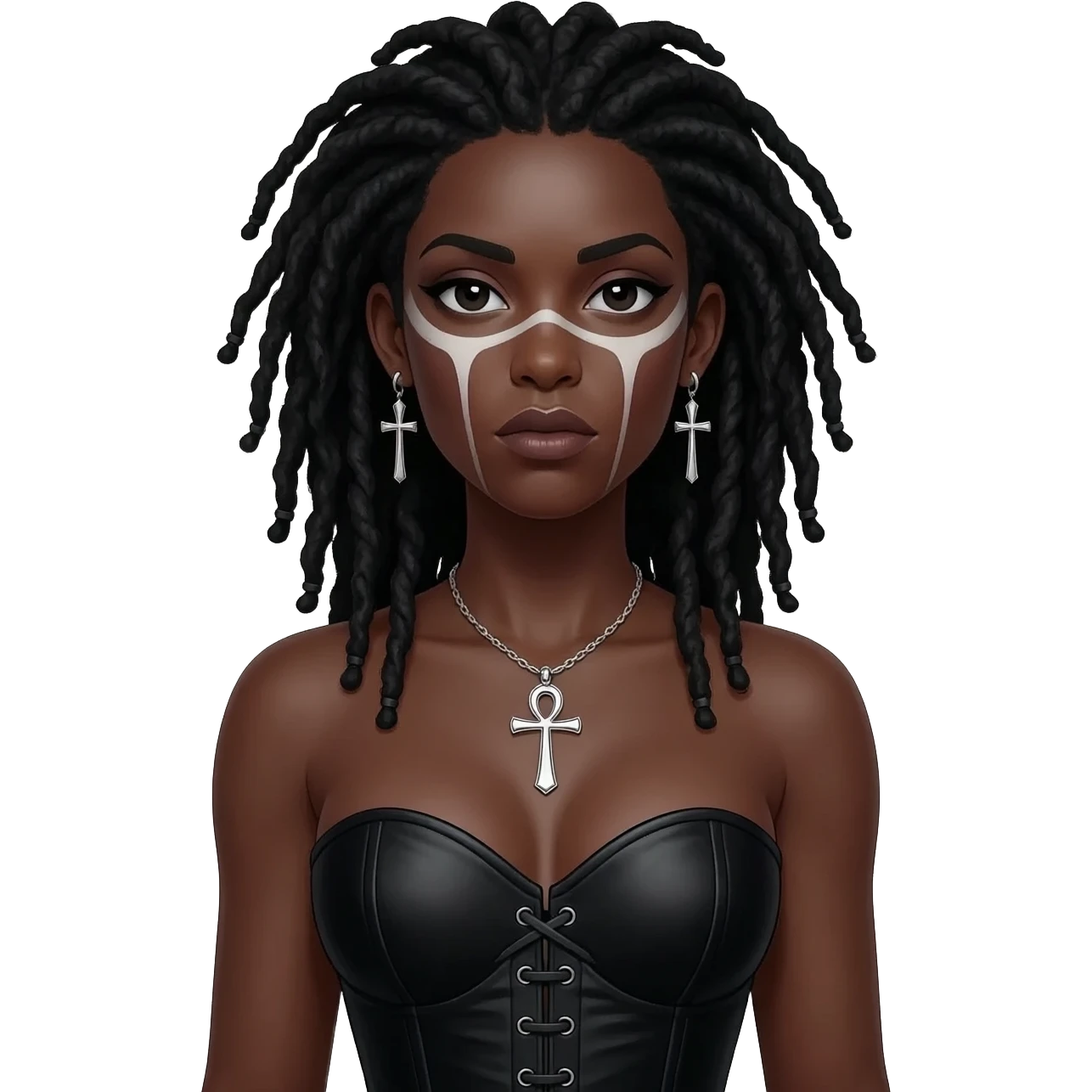 goth black girl with black corset, with brown skin, cross earrings, ankh necklace with black dreadlocks with whole white face paint emoji