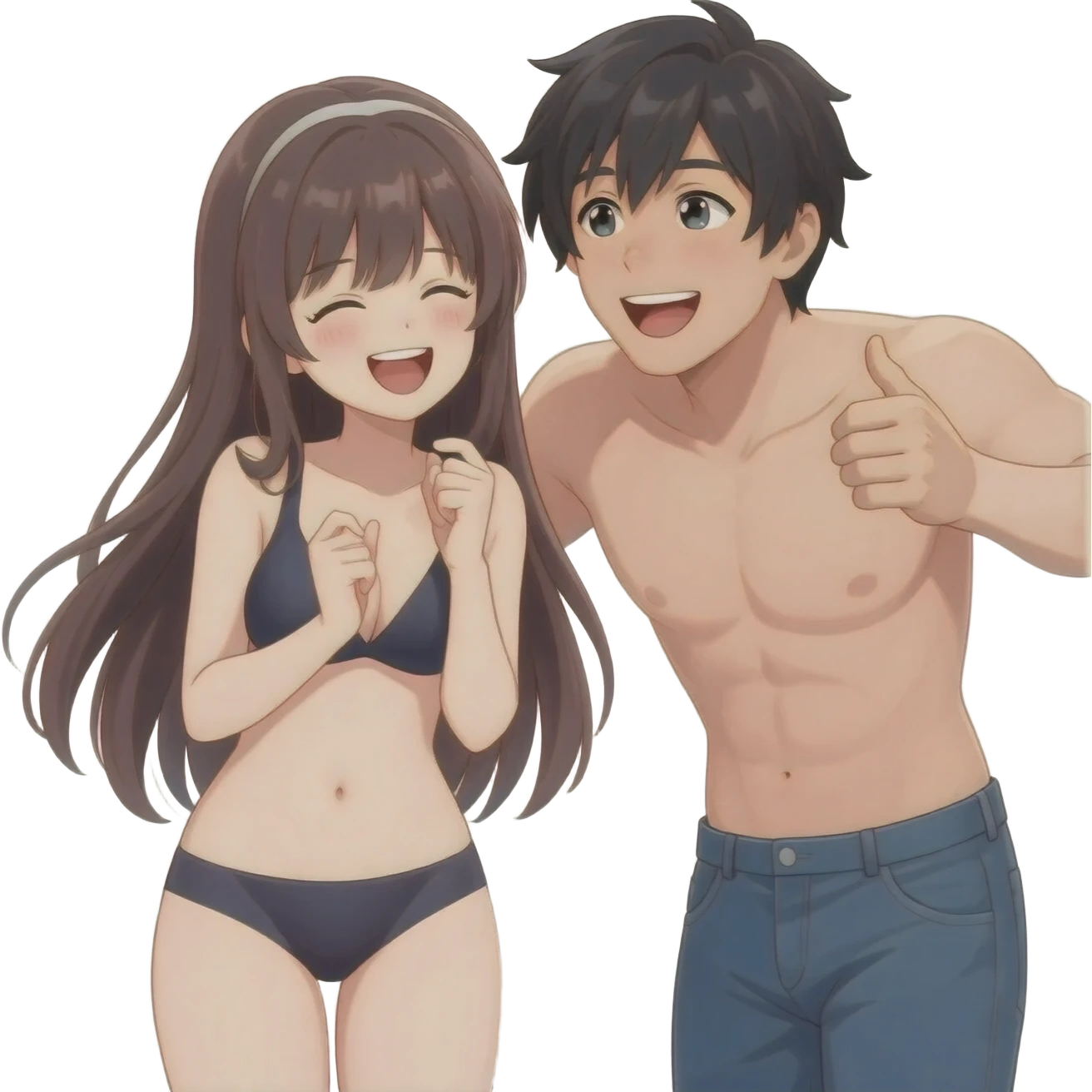 Anime teen girl long hair with her friend giggling complete full nude body emoji