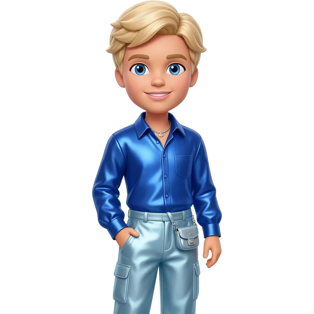Ken from Barbie and Friends with blue eyes, blonde hair, cobalt blue metallic shirt, light steel blue metallic baggy pants, silver necklace emoji