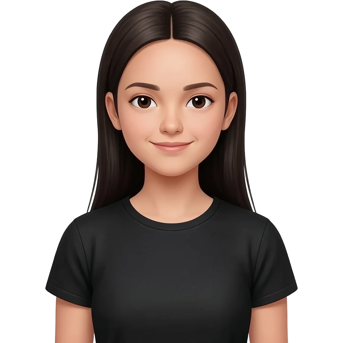 a teenage girl,  black t-shirt, long straight dark hair, emoji