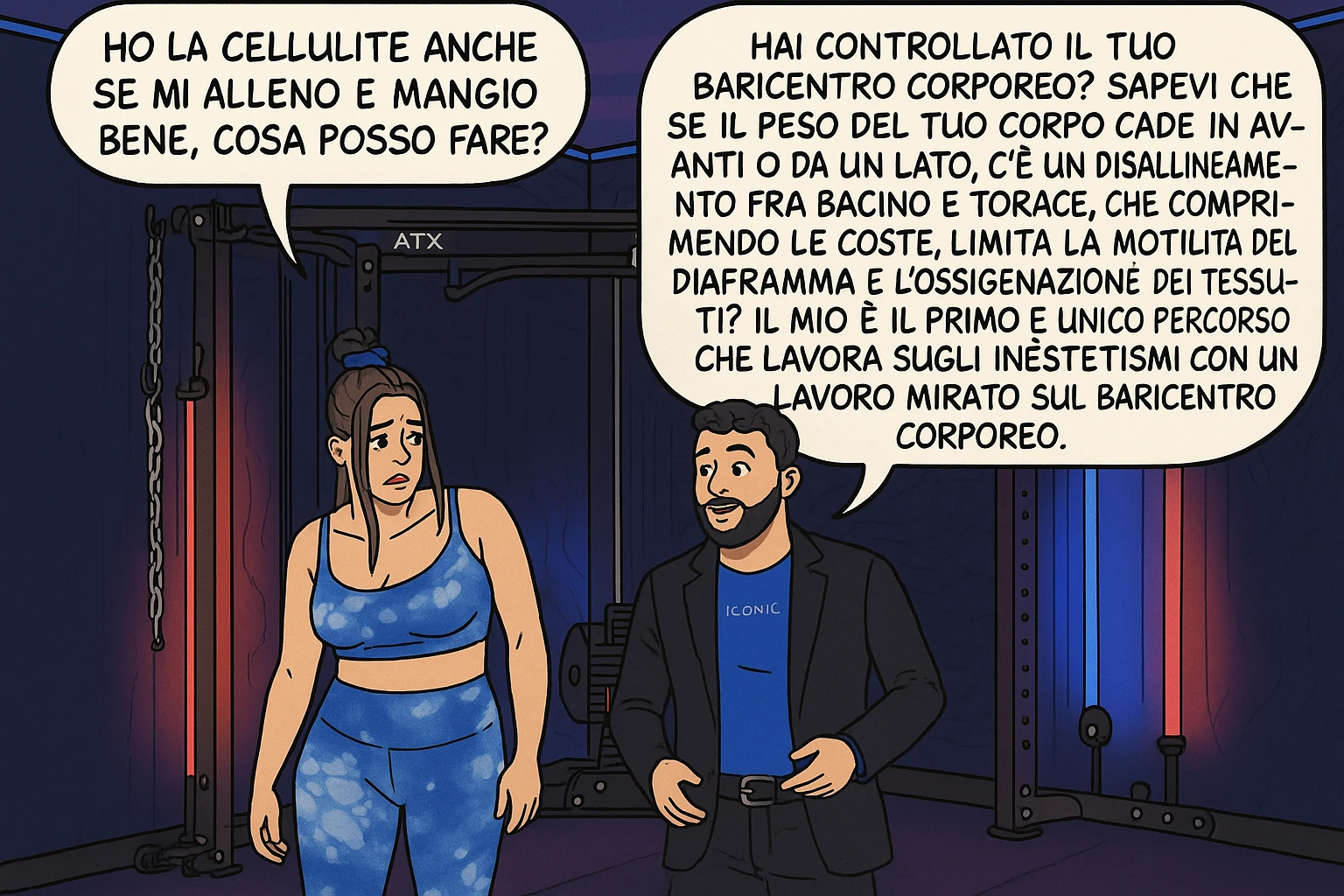 TRASFORMA QUESTO CAROSELLO IN UN FUMETTO CON QUESTE DUE PERSONE IDENTICHE CHE INTERLOQUISCONO TRA LORO:

LEI: Ho la cellulite anche se mi alleno e mangio bene, cosa posso fare?

LUI: Hai controllato il tuo baricentro corporeo?
Sapevi che se il peso del tuo corpo cade in avanti o da un lato, c’è un disallineamento fra bacino e torace, che comprimendo le coste, limita la motilità del diaframma e l’ossigenazione dei tessuti?
Il mio è il primo e unico percorso che lavora sugli inestetismi con un lavoro mirato sul baricentro corporeo. emoji