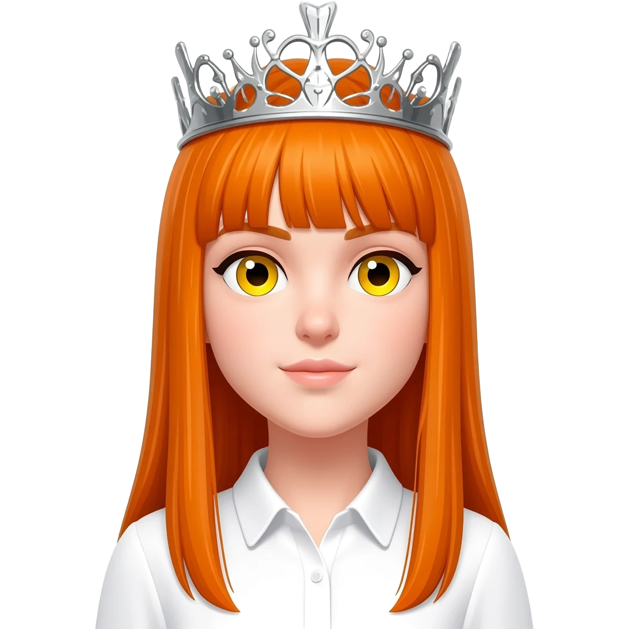 White girl with orange long straight hair and yellow eyes with a crown on her head and a white shirt on emoji