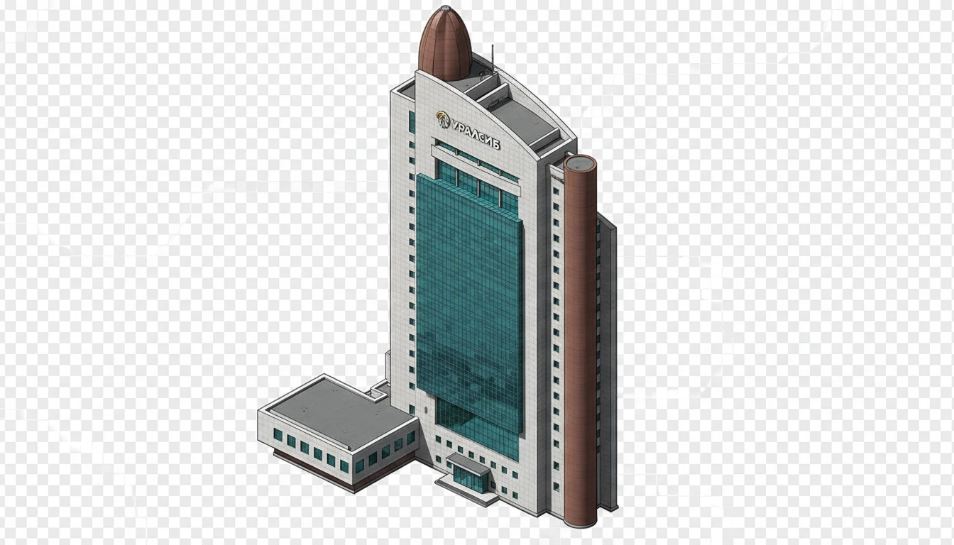 Изометричная, яркая, детализированная, объемная и фотореалистичная иллюстрация одной башни банк "Уралсиб" в Уфе. Чёткие контуры, не размазанные линии, высокое качество, прозрачный фон, не обрезать края картинки emoji
