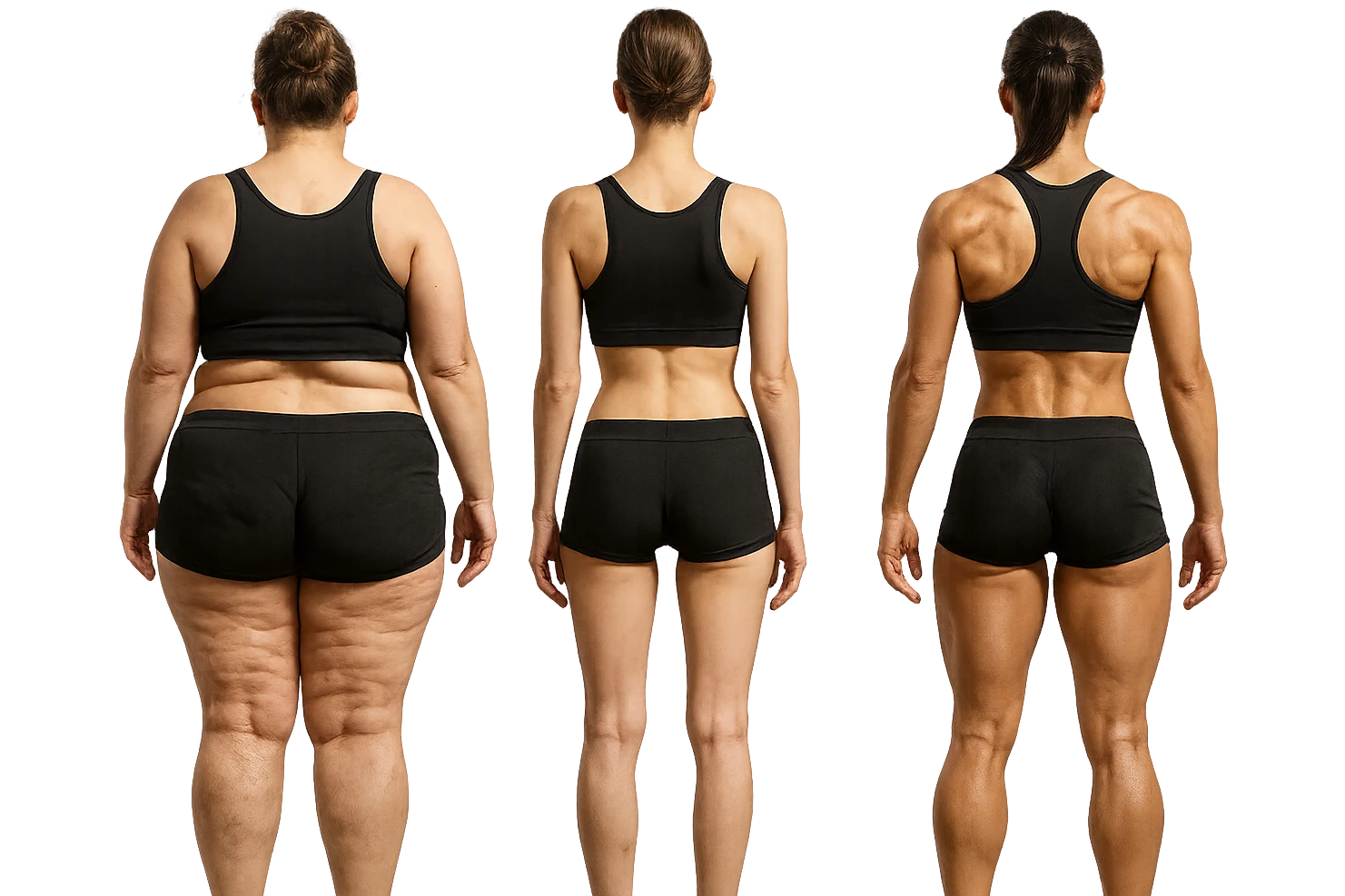 fai una donna di spalle in gym shorts leggermente sovrappeso e con cellulite e accanto una seconda donna di spalle magra (che è dimagrita post dieta) e accanto una terza donna in forma allenata e con le giuste proporzioni, l'immagine deve rappresentare il processo: da donna grassa, a donna piatta e magra, a donna allenata e in forma con i giusti muscoli, iperrealistico 4k emoji