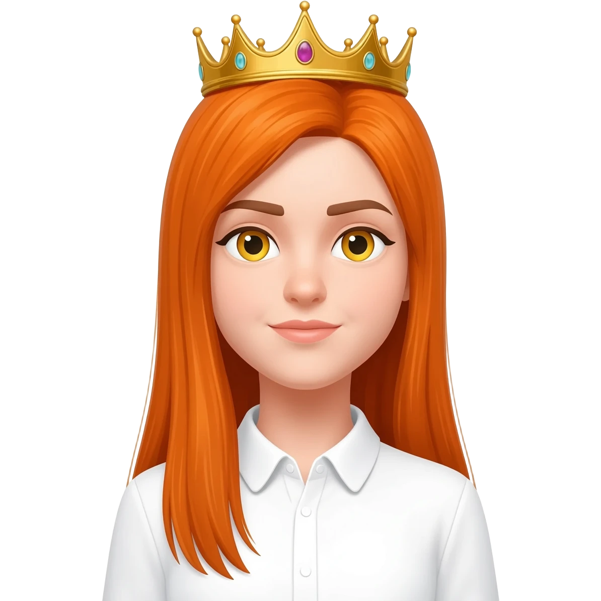 White girl with orange long straight hair and yellow eyes with a crown on her head and a white shirt on brown eyebrows emoji