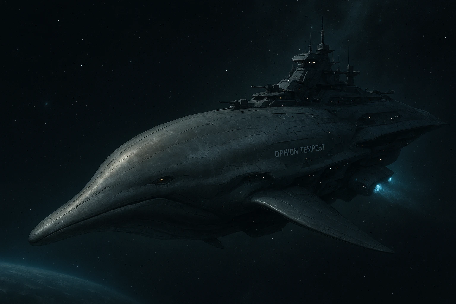 capital class space cruiser supercarrier of Zrian [human] origins, named the "Ophion Tempest"
The ship has a sleek design, mimicking a prehistoric sea-mammal or Cetacea  emoji
