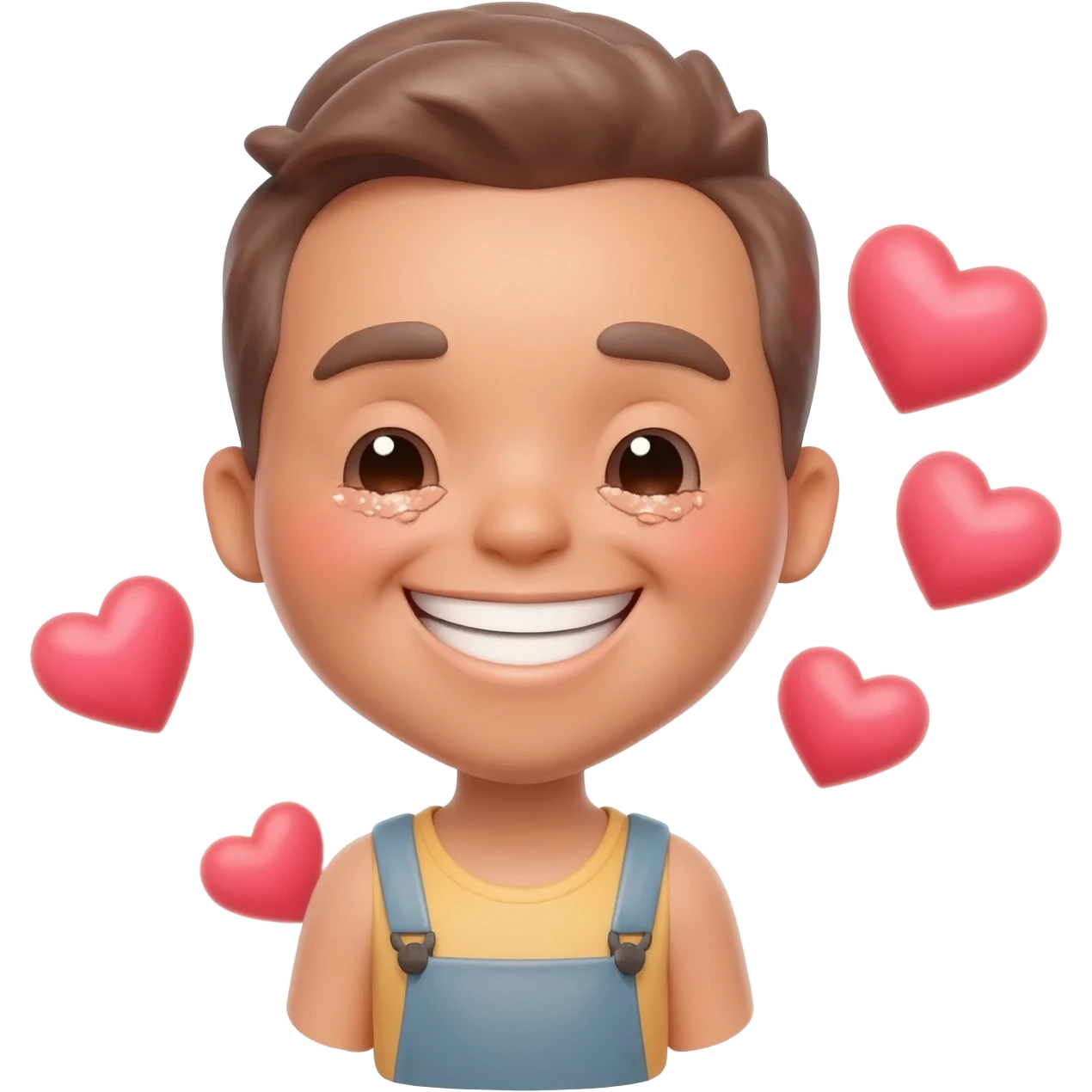 Emoji with eyebags and hearts around giving a smile emoji