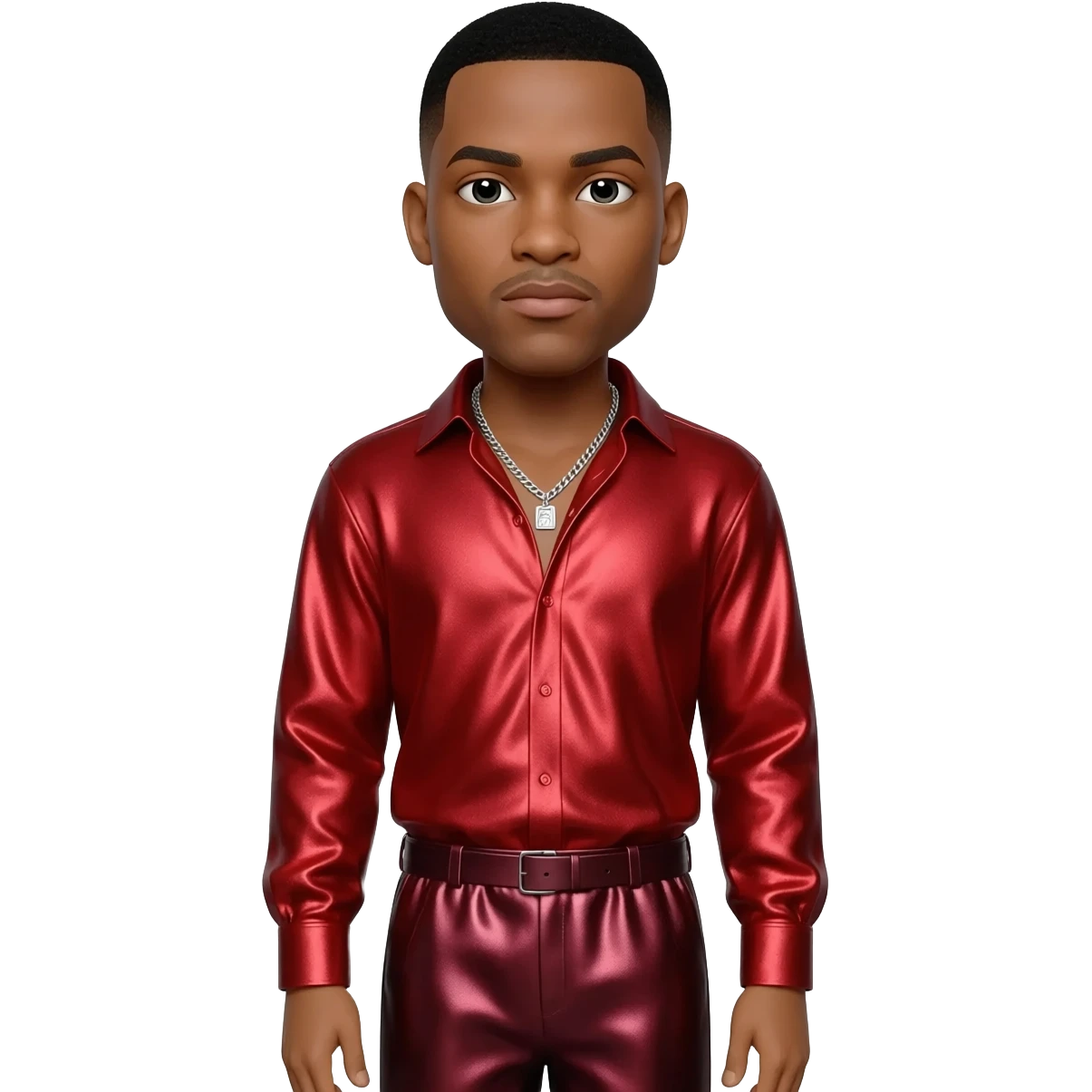 Ginuwine, R&B Singer with black short hair, red metallic shirt, burgundy metallic baggy pants, silver necklace emoji