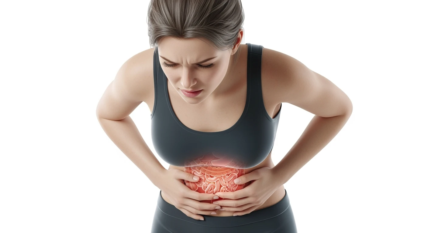 donna piegata in avanti frontalmente con mal di pancia, espressione di dolore in volto in primo piano e intestino anatomico in evidenza, iperrealistico 4k, sfondo bianco emoji