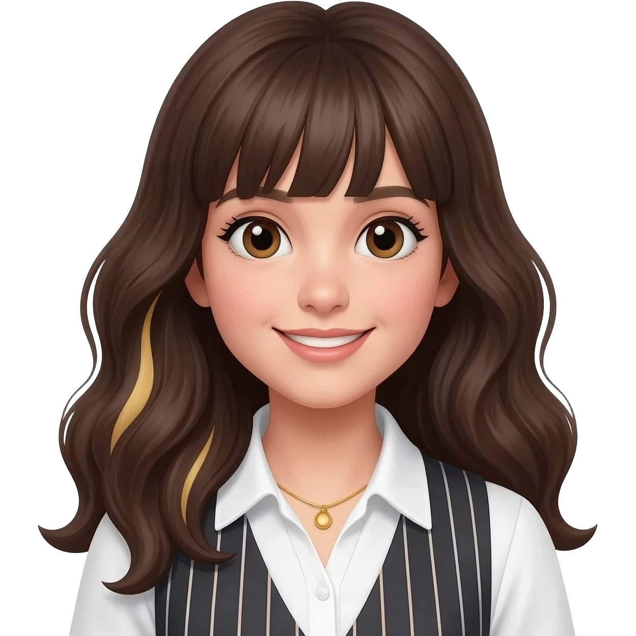 a girl with long lenght dark brown wavy hairs with bangs and blonde tones to the ends. big eyes and soft features and with the sincere smile. outfit is white shirt with a golden necklace and add stripet west top of it emoji