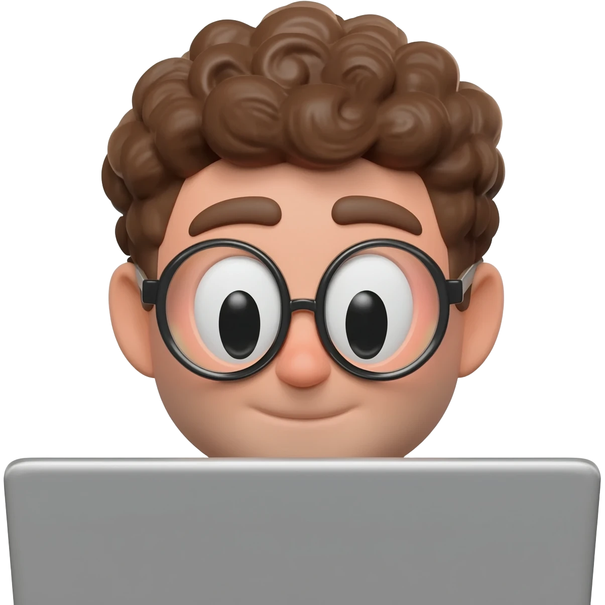 3D emoji-style male character with curly hair and big glasses, eyes wide, peeking over a laptop, minimal design, soft lighting, plain background, high quality. emoji