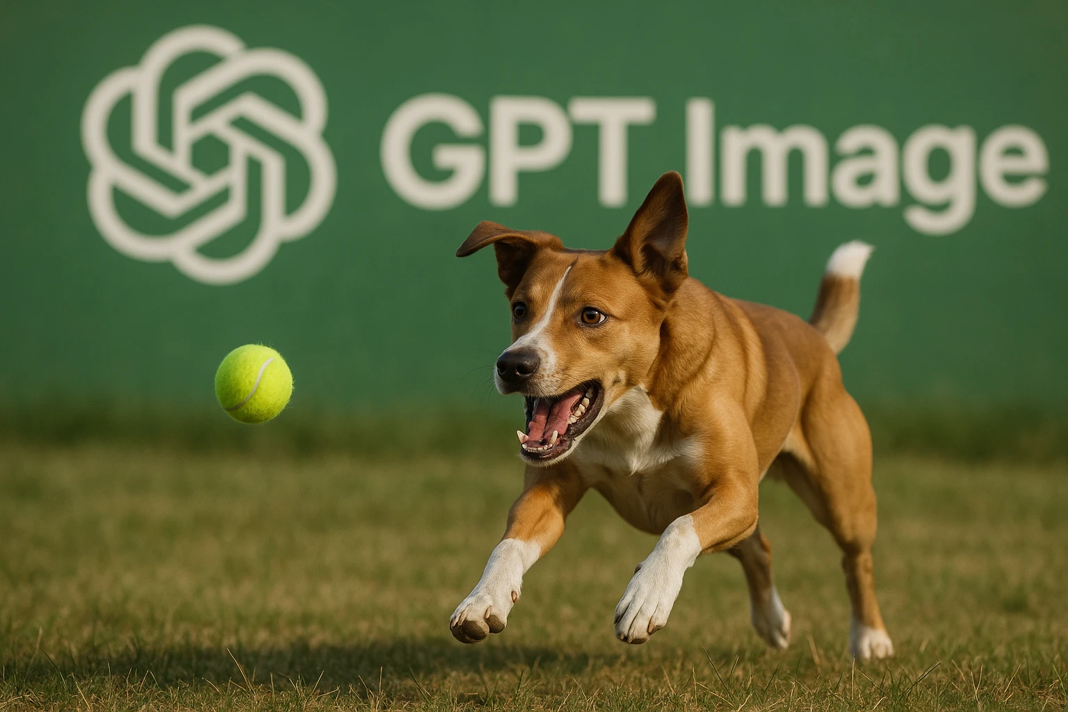  logo of chat gpt with text "GPT Image" on the background of a dog chasing ball, realistic image emoji