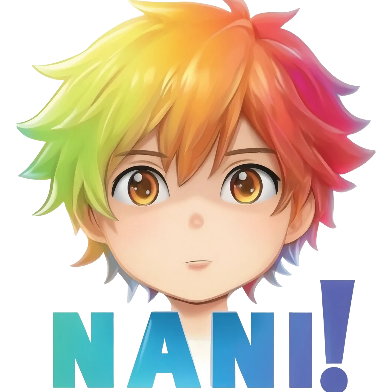 "A set of 5 separate high-quality anime-style stickers of the same cool anime boy character, 8k resolution, flat vector art with bold outlines and white border. Each sticker has a large, bold, colorful text bubble below the character. The texts are: 1) 'NANI?!', emoji