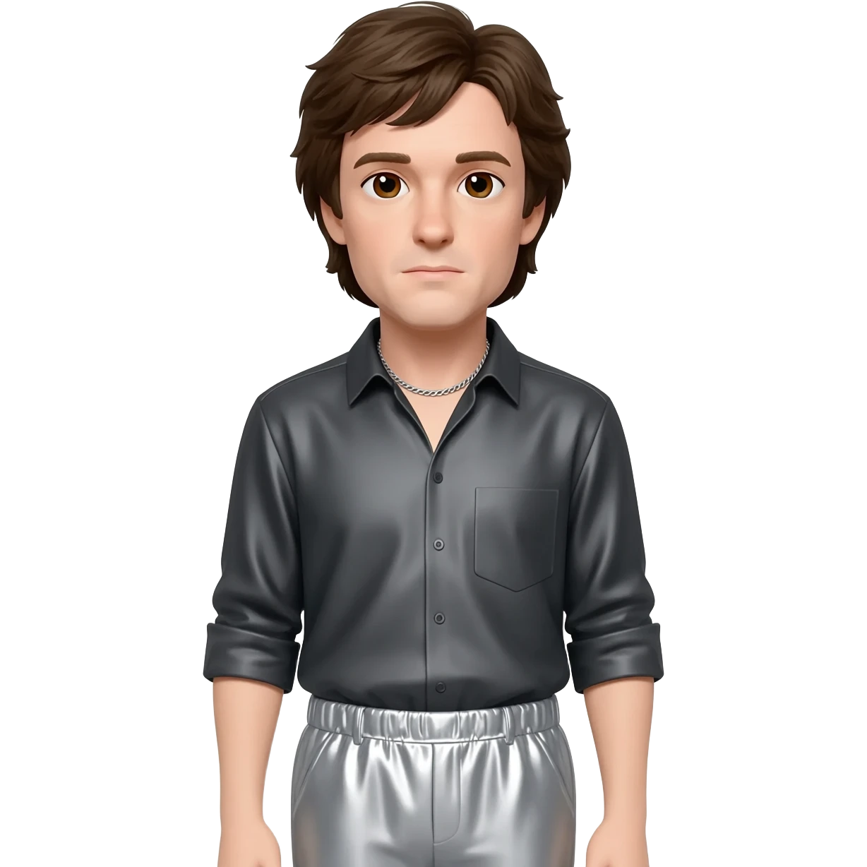 Paul McCartney with brown eyes, dark brown hair, dark gray metallic shirt, light gray metallic baggy pants, silver necklace emoji