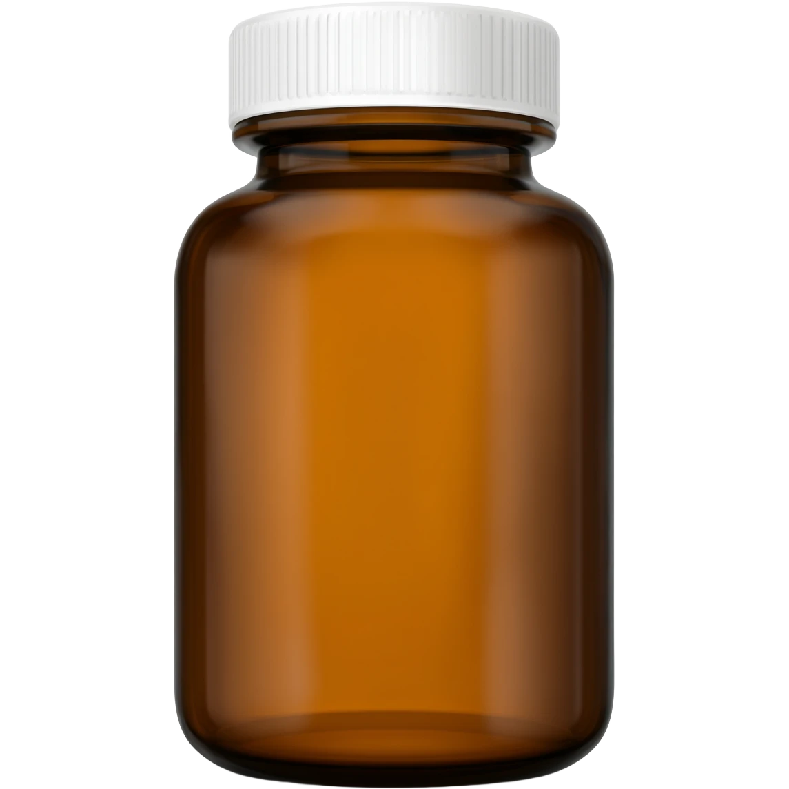 High-resolution studio product photo of an amber brown glass supplement bottle with a white plastic cap, no label, completely blank surface. The bottle is centered, isolated with a soft natural shadow underneath. Professional commercial lighting, sharp focus, ultra-realistic emoji