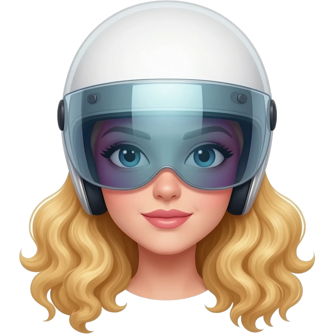 Emoji casco blanco con lentes, mujer pelo largo con rulos en las puntas rubio emoji