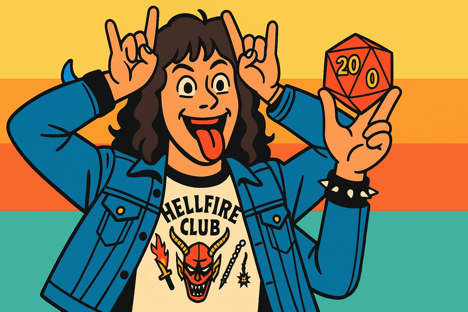 Eddie Munson from Stranger Things in vibrant toon style, wide aspect ratio (16:9), holding a Dungeons & Dragons dice, excited expression, lighter vivid colors and dark outlines. emoji