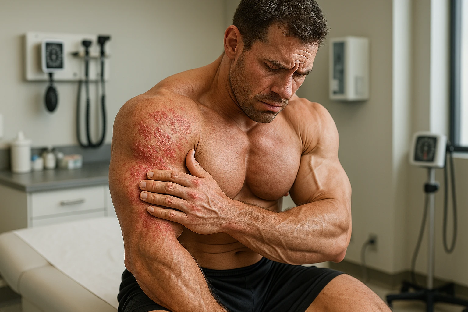 BODYBUILDER STESO SUL LETTINO DI UN MEDICO CON IRRITAZIONE CUTANEA, iperrealistico 4k emoji