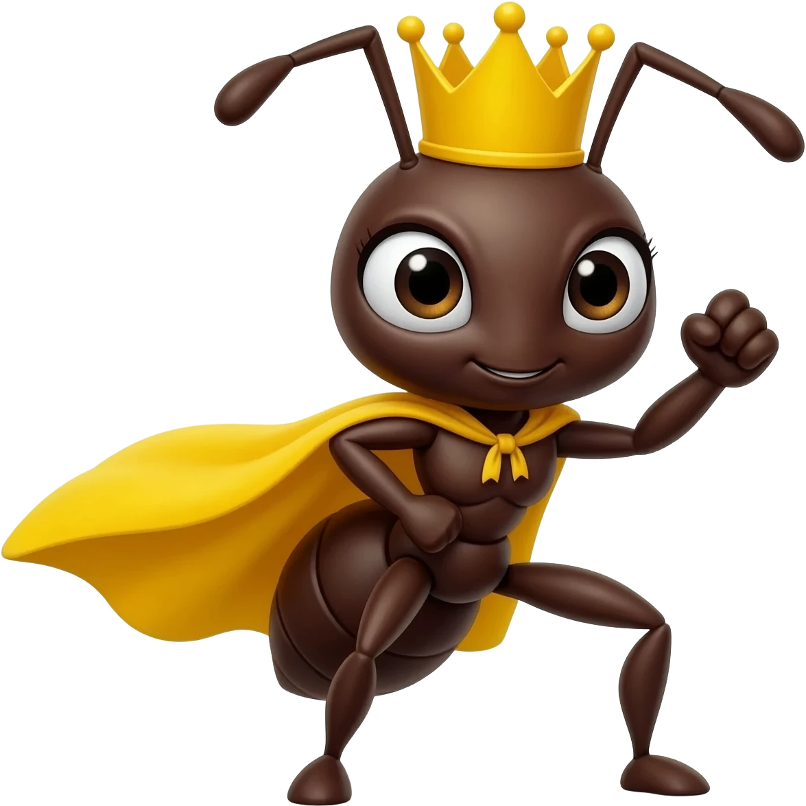 Ant with yellow crown doing superhero pose, smaller, more simple, disney style, cute eye, without cape emoji