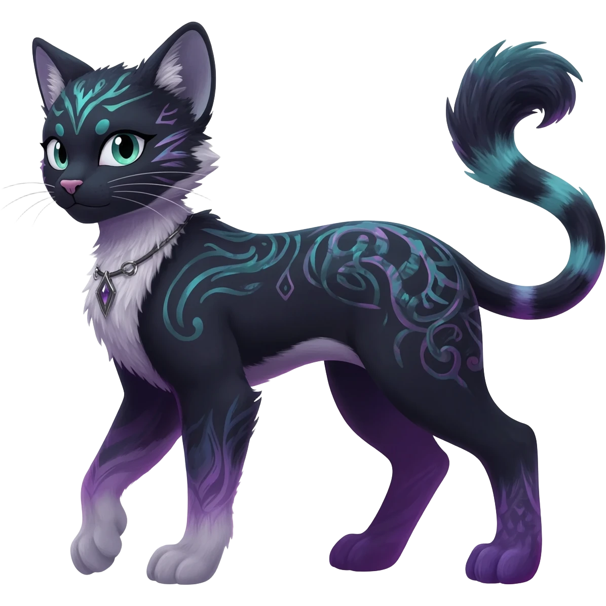 Kawaii dark edgy fantasy feline-vernid-sergal-fursona animal creature with a tufted tail full body with intricate markings  emoji