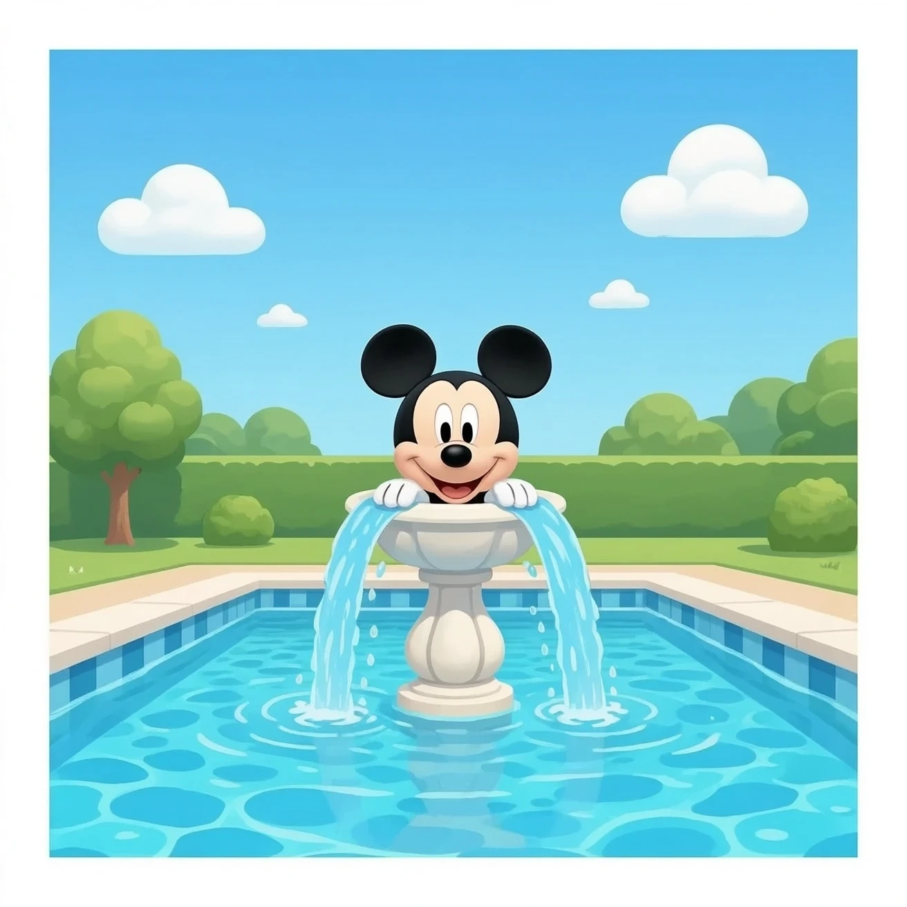 Micky mouse fountain spraying water into swimming pool emoji