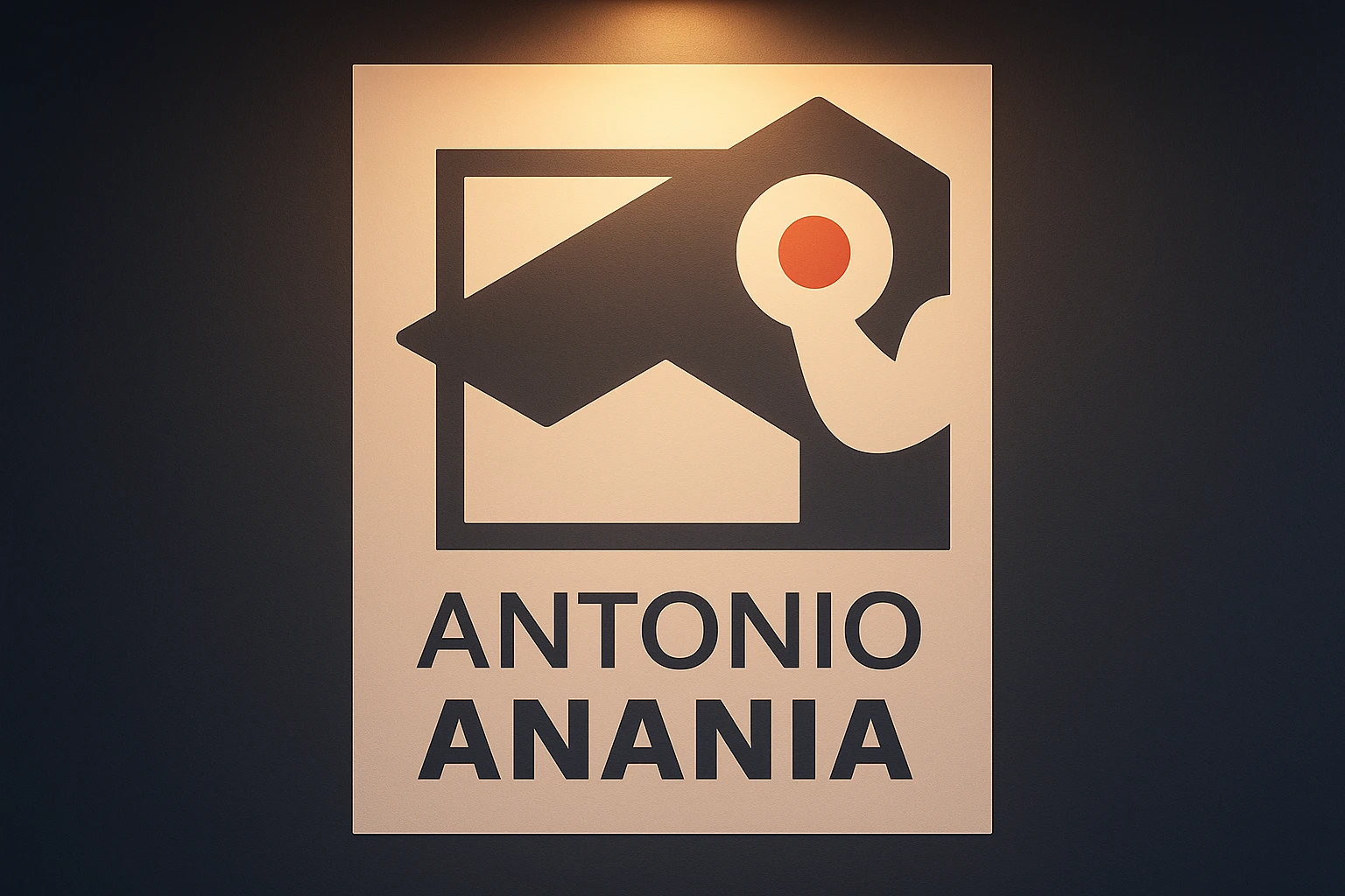 su questo stile fai un manga/webtoon a colori in cui mostri quella parete dietro dello studio con il suo logo e la scritta "ANTONIO ANANIA" SOTTO IL LOGO, LUCE CHE ILLUMINA IL LOGO emoji